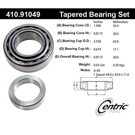 CENTRIC PARTS Premium Wheel Bearing And Race Set, 410.91049 410.91049